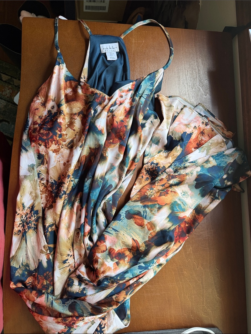 NIC+ZOE Floral Satin Maxi Slip Dress in Teal, Rust, Cream